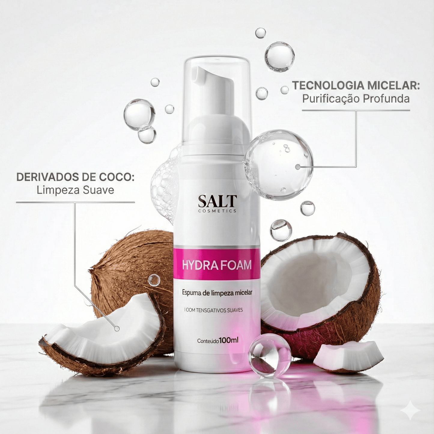 Espuma de Limpeza Micelar Facial Hydrafoam 100ml – Limpeza Suave com Tensoativos Suaves – Salt Cosmetics - Salt Cosmetics