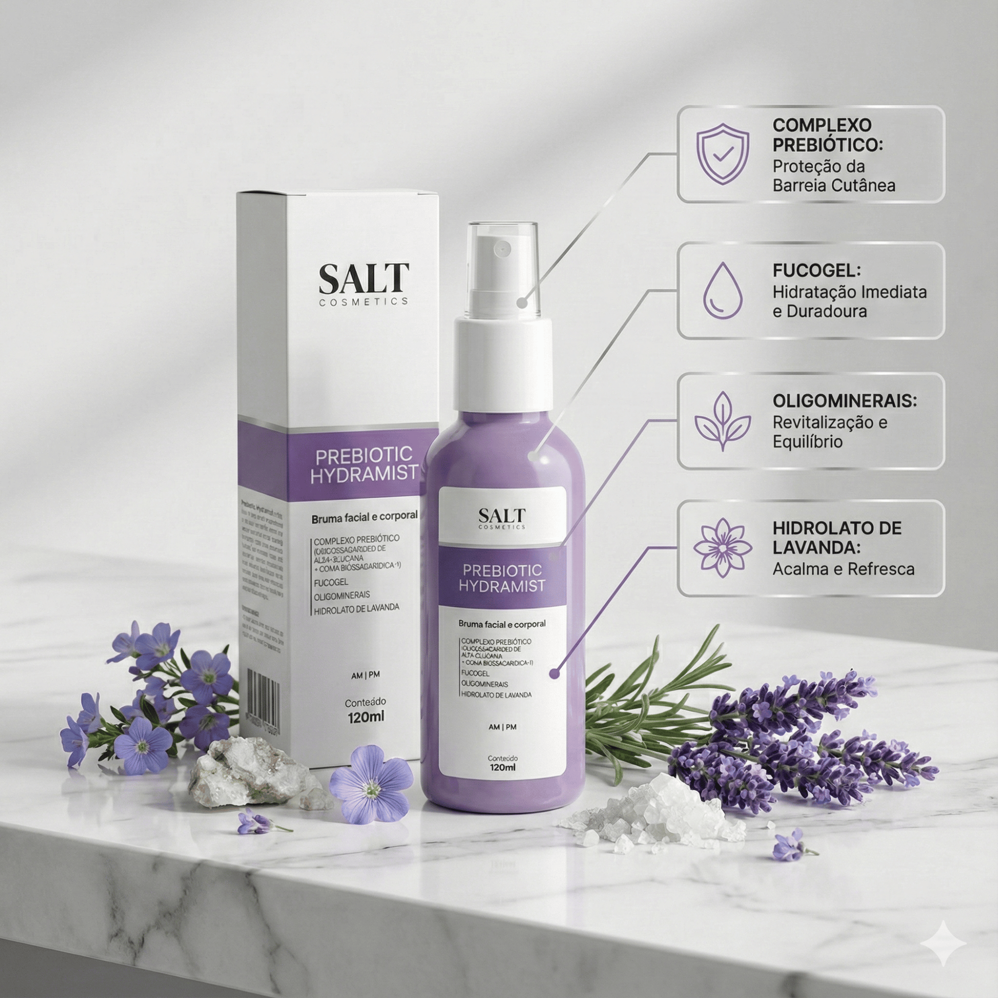 Bruma Prebiótica Facial e Corporal 120ml – Prebiotic Hydramist – Hidratação e Equilíbrio - Salt Cosmetics