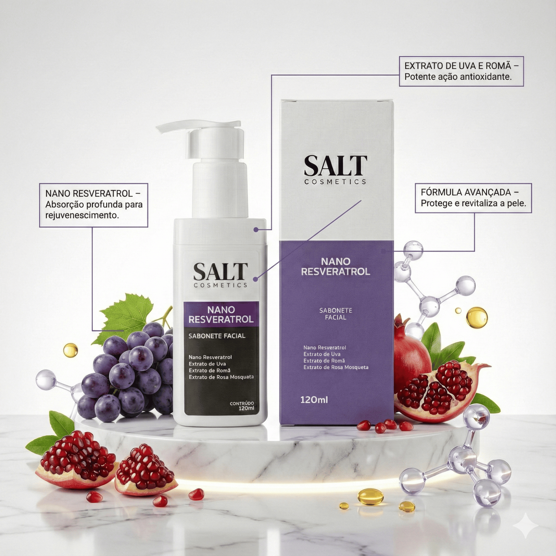Sabonete Facial Nano Resveratrol com Uva, Romã e Rosa Mosqueta - Salt Cosmetics