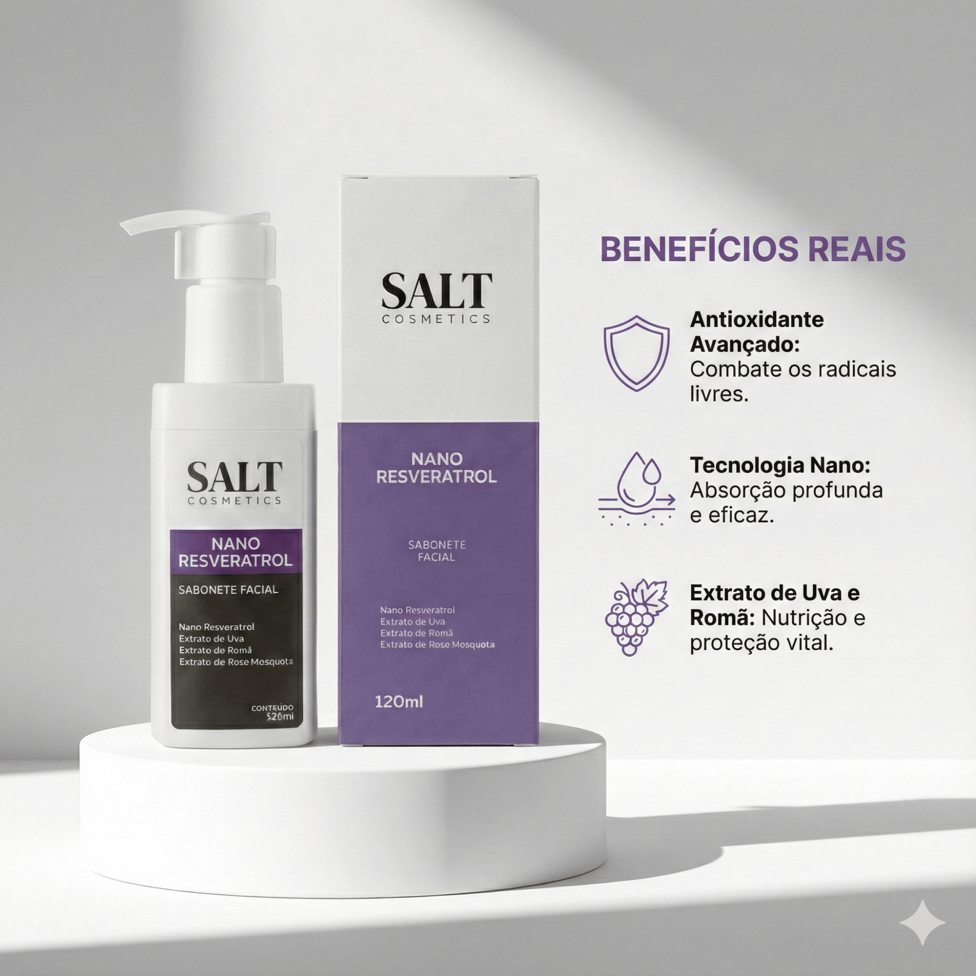 Sabonete Facial Nano Resveratrol com Uva, Romã e Rosa Mosqueta - Salt Cosmetics