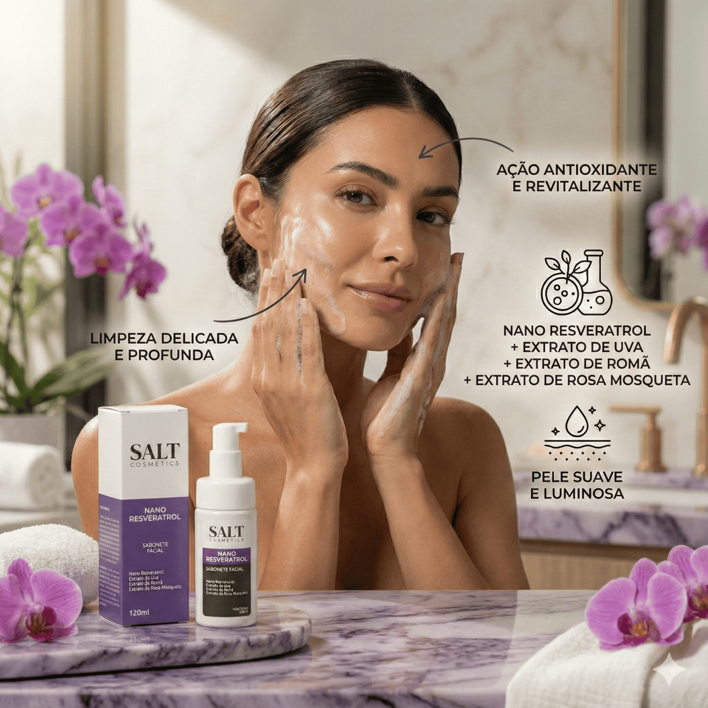 Sabonete Facial Nano Resveratrol com Uva, Romã e Rosa Mosqueta - Salt Cosmetics