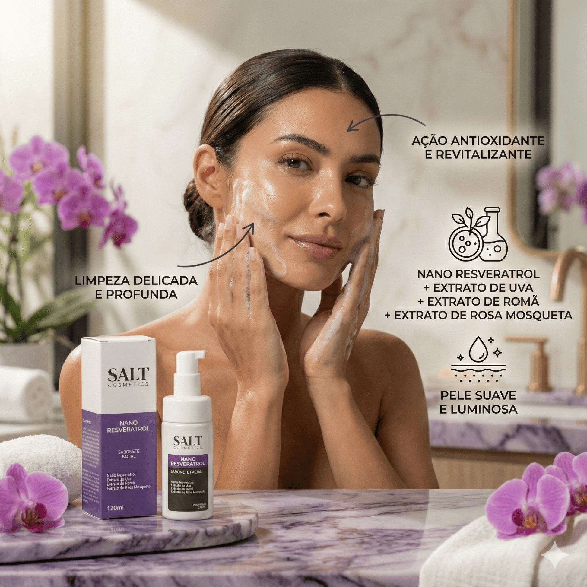 Sabonete Facial Nano Resveratrol com Uva, Romã e Rosa Mosqueta - Salt Cosmetics