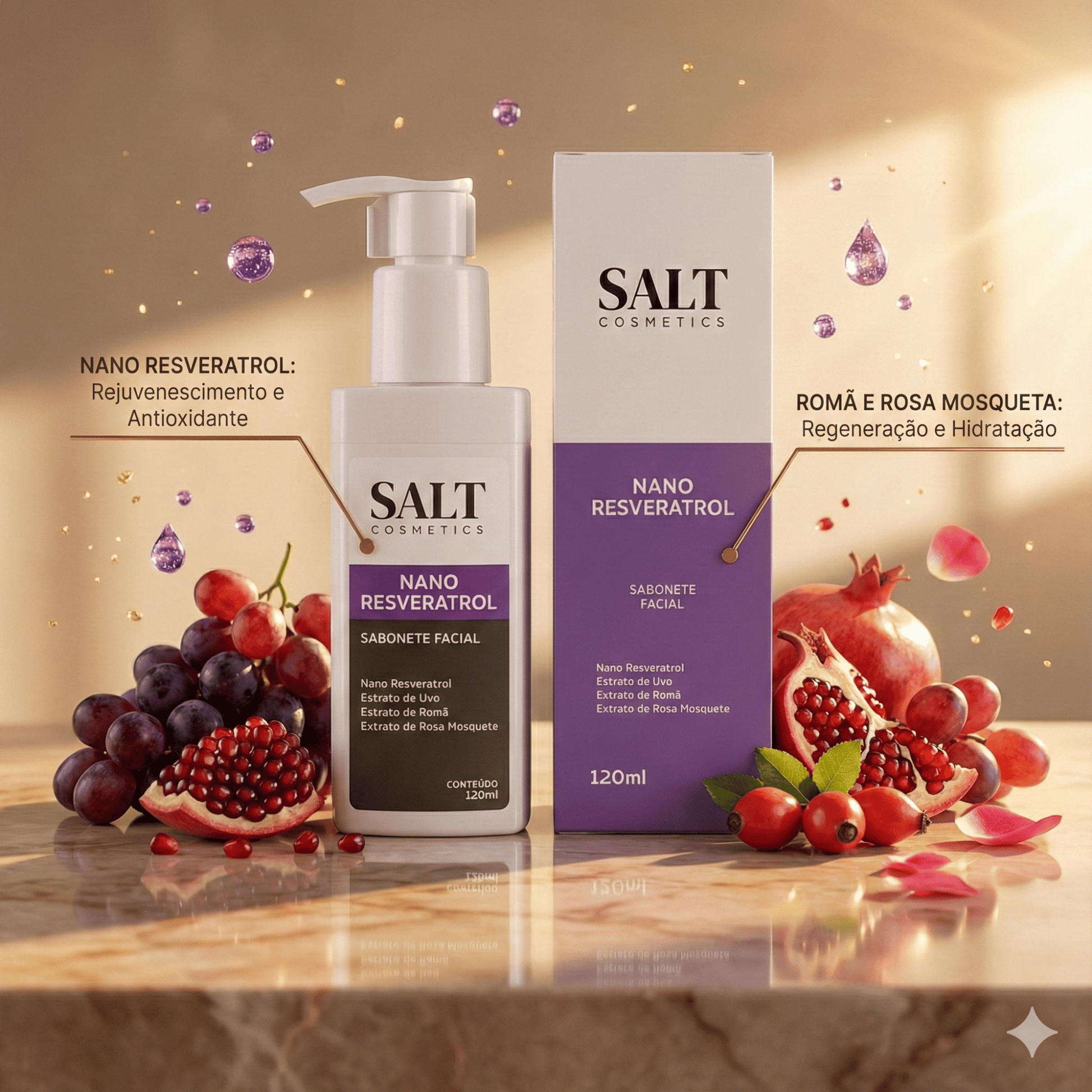 Sabonete Facial Nano Resveratrol com Uva, Romã e Rosa Mosqueta - Salt Cosmetics