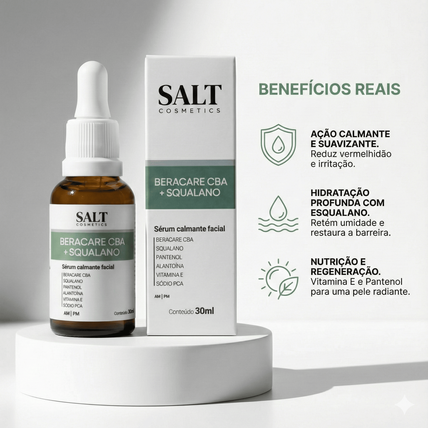 Sérum Calmante Facial 30ml Beracare CBA + Squalano – Ação Relaxante com Pantenol, Alantoína e Bisabolol - Salt Cosmetics