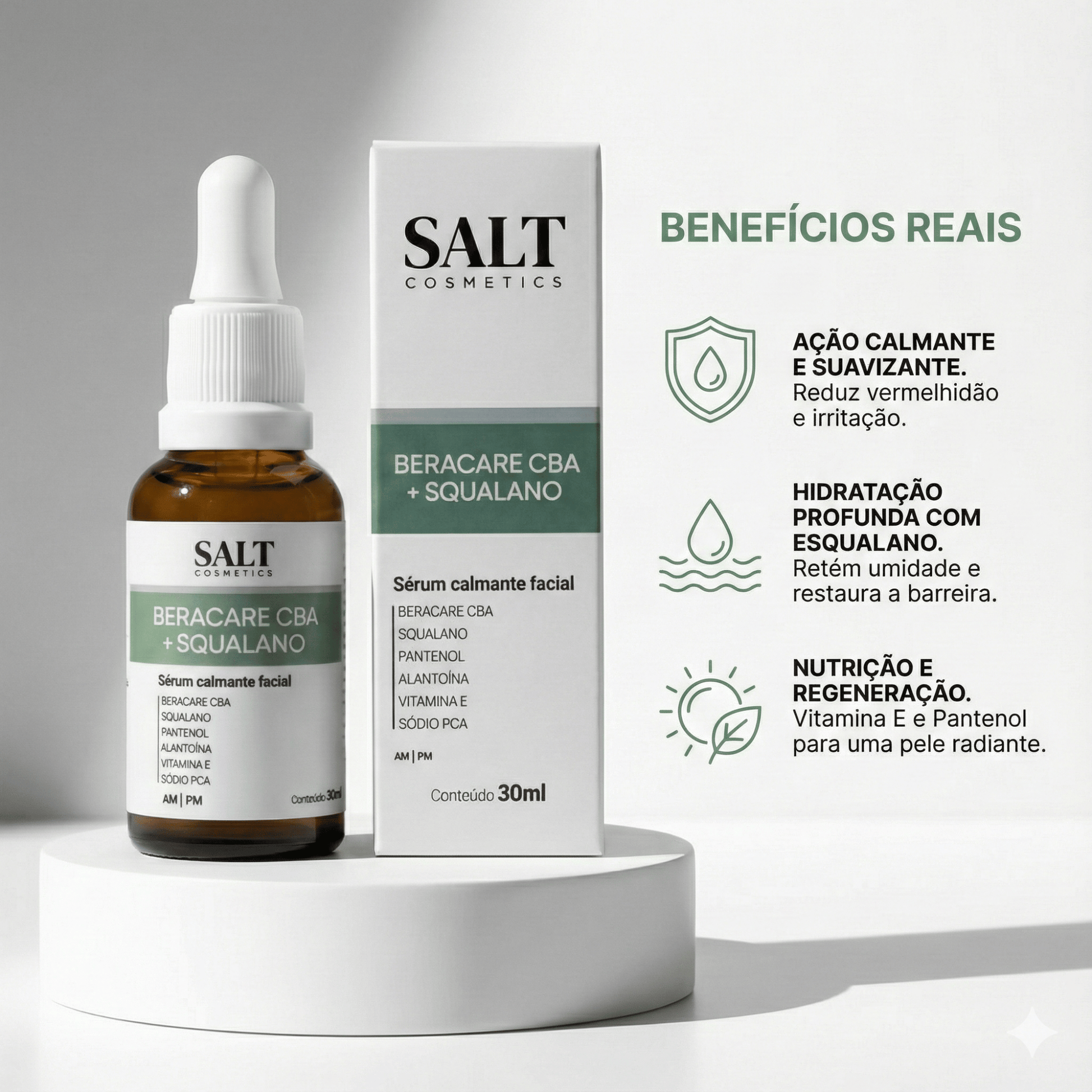 Sérum Calmante Facial 30ml Beracare CBA + Squalano – Ação Relaxante com Pantenol, Alantoína e Bisabolol - Salt Cosmetics