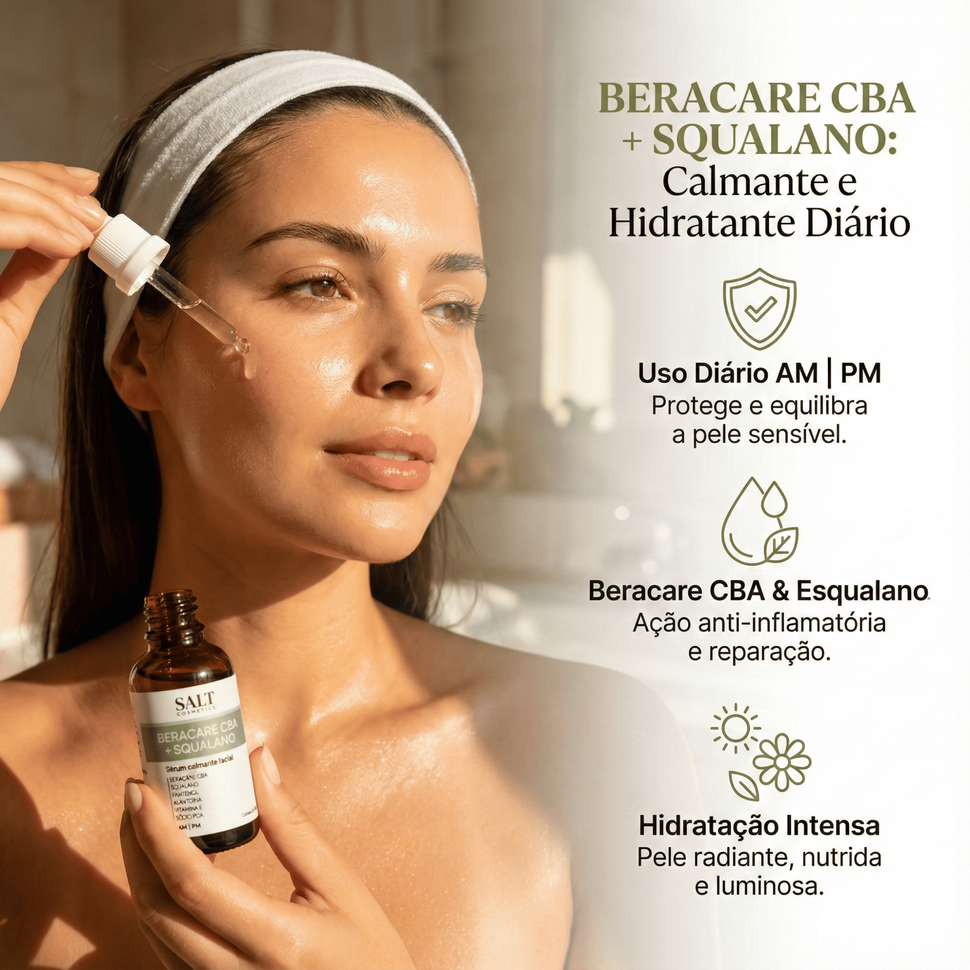Sérum Calmante Facial 30ml Beracare CBA + Squalano – Ação Relaxante com Pantenol, Alantoína e Bisabolol - Salt Cosmetics