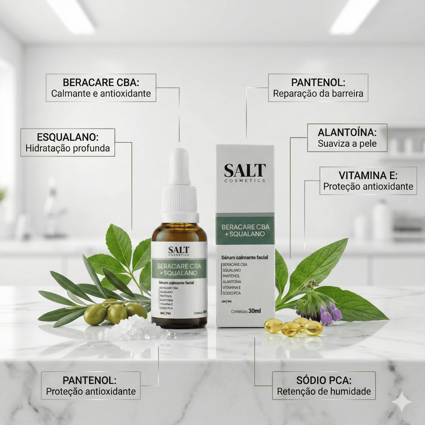 Sérum Calmante Facial 30ml Beracare CBA + Squalano – Ação Relaxante com Pantenol, Alantoína e Bisabolol - Salt Cosmetics