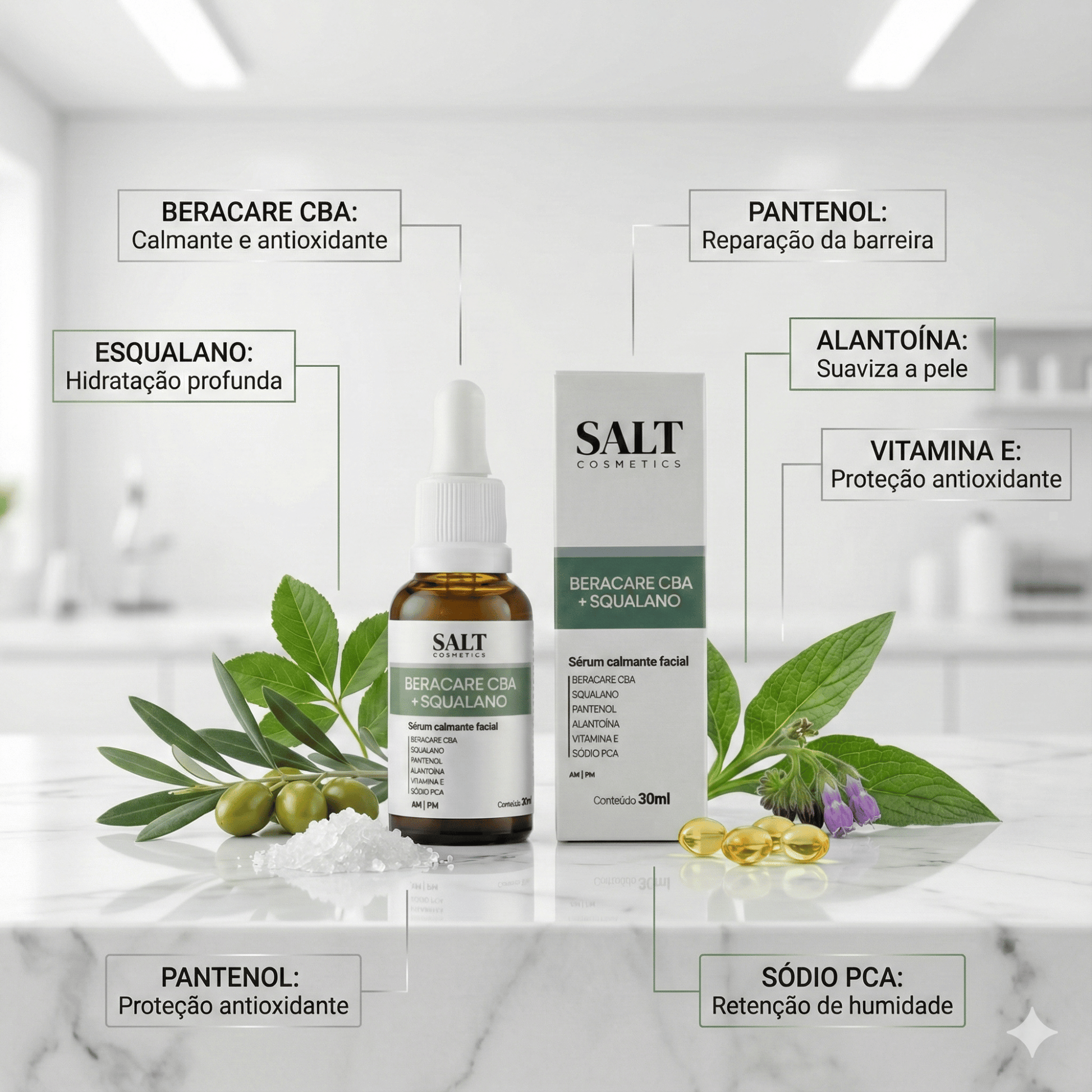 Sérum Calmante Facial 30ml Beracare CBA + Squalano – Ação Relaxante com Pantenol, Alantoína e Bisabolol - Salt Cosmetics