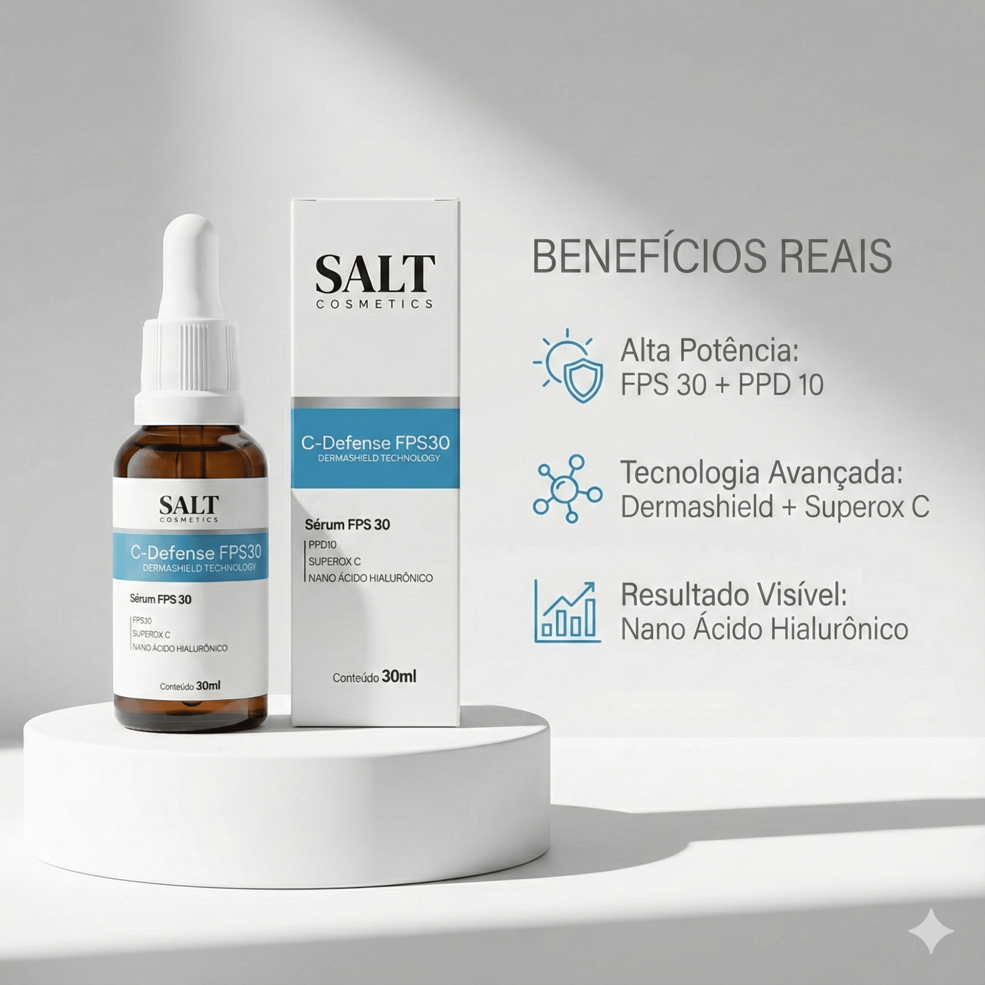 Sérum Facial com FPS 30 – C - Defense 30ml – Vitamina C, Niacinamida e Ácido Hialurônico - Salt Cosmetics