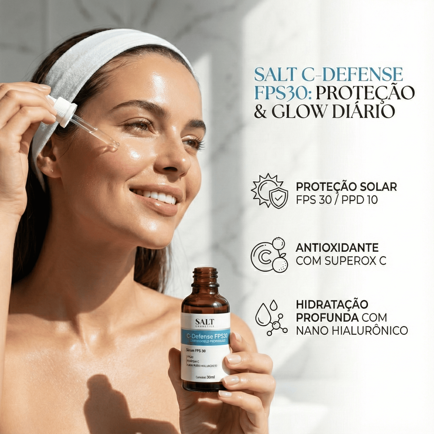 Sérum Facial com FPS 30 – C - Defense 30ml – Vitamina C, Niacinamida e Ácido Hialurônico - Salt Cosmetics