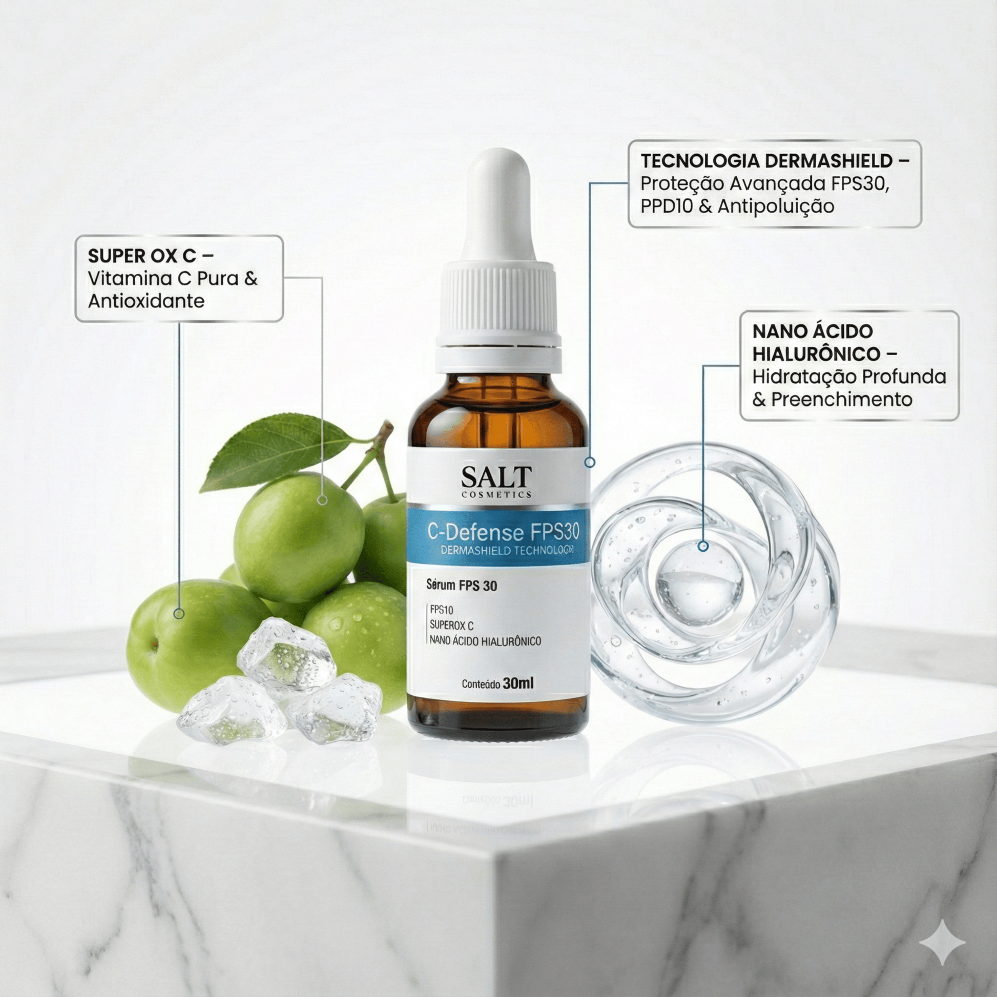 Sérum Facial com FPS 30 – C - Defense 30ml – Vitamina C, Niacinamida e Ácido Hialurônico - Salt Cosmetics