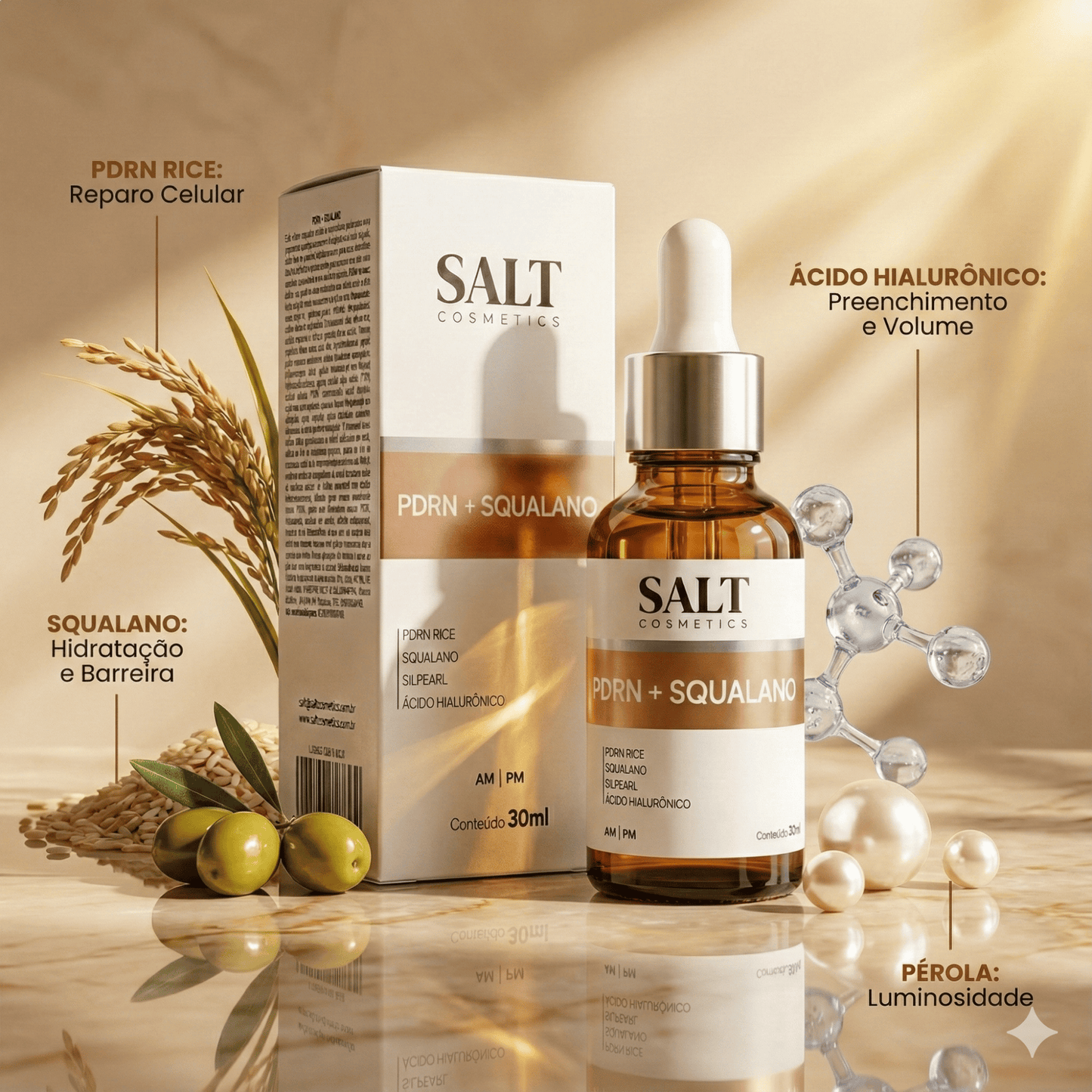 Sérum Facial PDRN + Squalano com Ácido Hialurônico 30ml – Hidratante e Reparador da Pele – Salt - Salt Cosmetics
