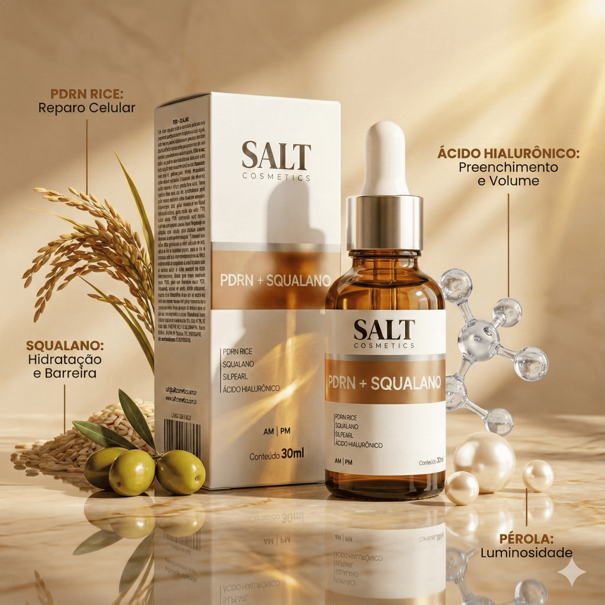 Sérum Facial PDRN + Squalano com Ácido Hialurônico 30ml – Hidratante e Reparador da Pele – Salt - Salt Cosmetics