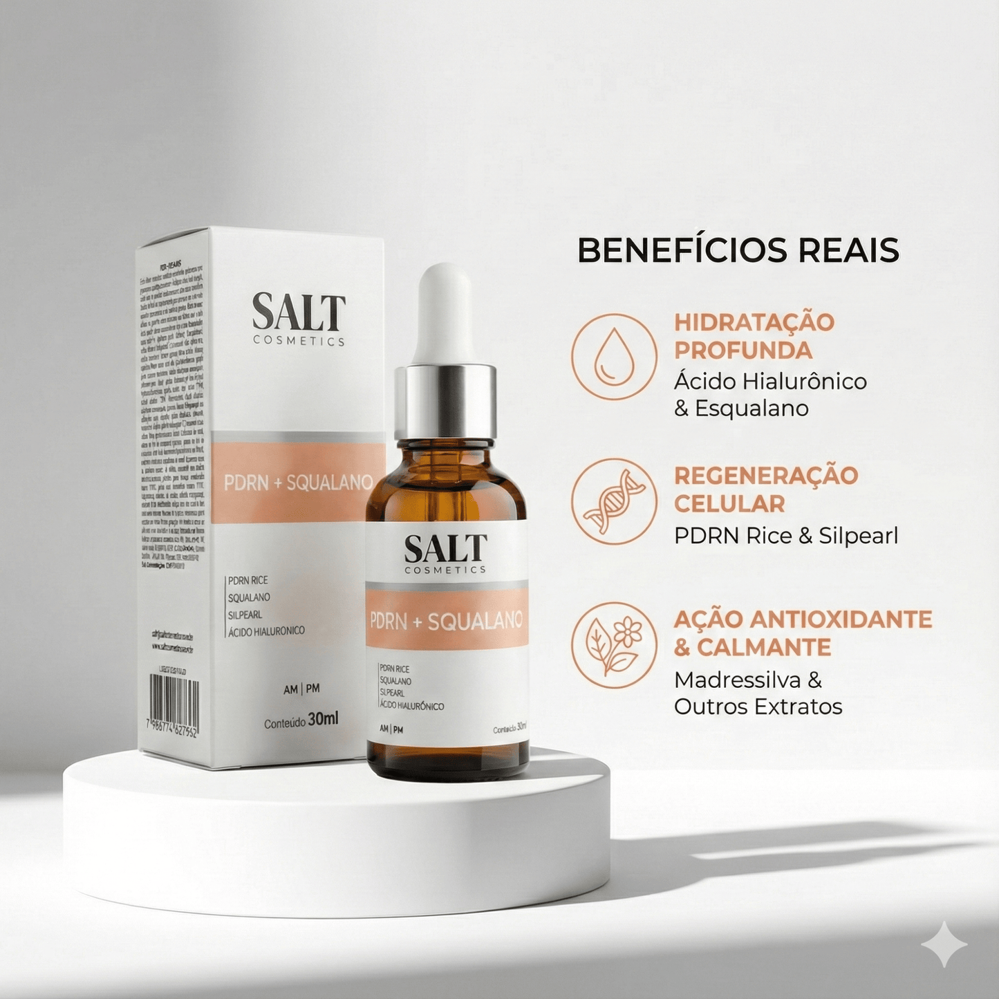 Sérum Facial PDRN + Squalano com Ácido Hialurônico 30ml – Hidratante e Reparador da Pele – Salt - Salt Cosmetics