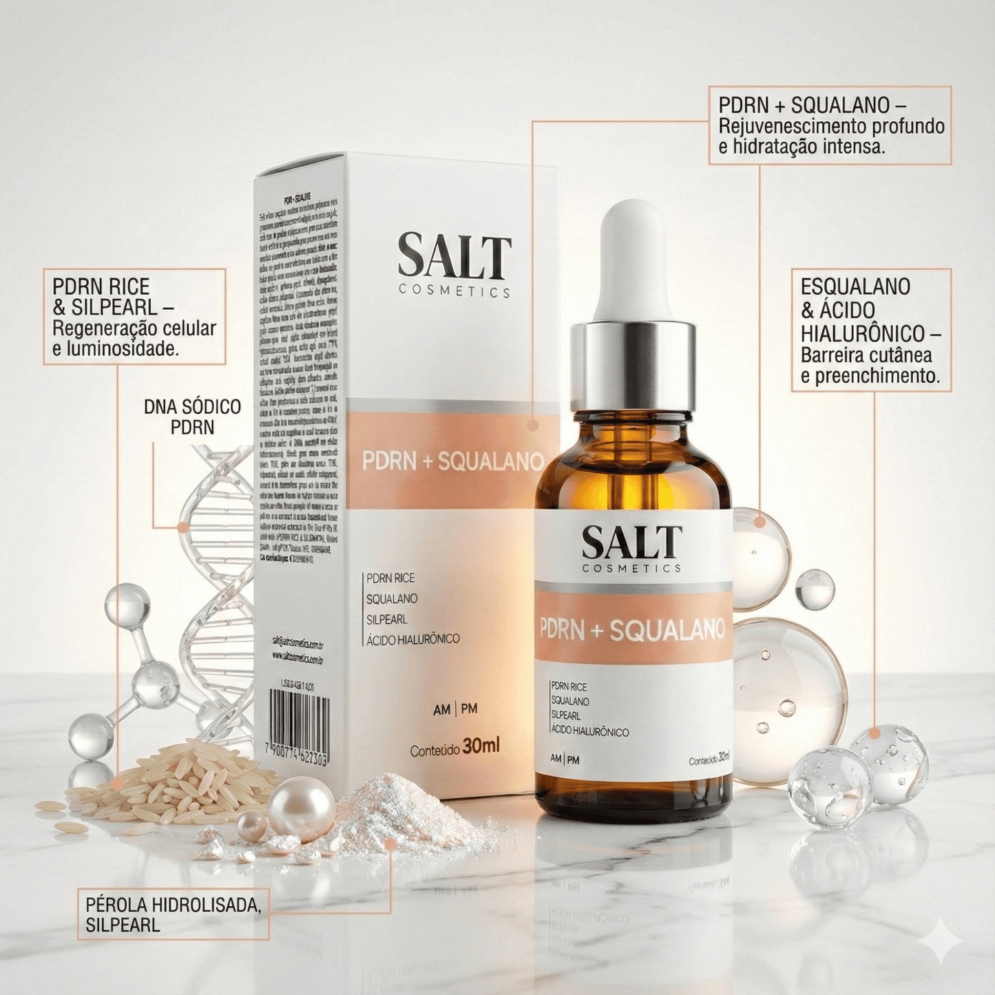 Sérum Facial PDRN + Squalano com Ácido Hialurônico 30ml – Hidratante e Reparador da Pele – Salt - Salt Cosmetics