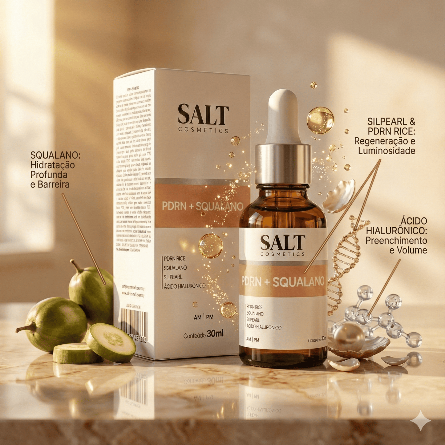 Sérum Facial PDRN + Squalano com Ácido Hialurônico 30ml – Hidratante e Reparador da Pele – Salt - Salt Cosmetics