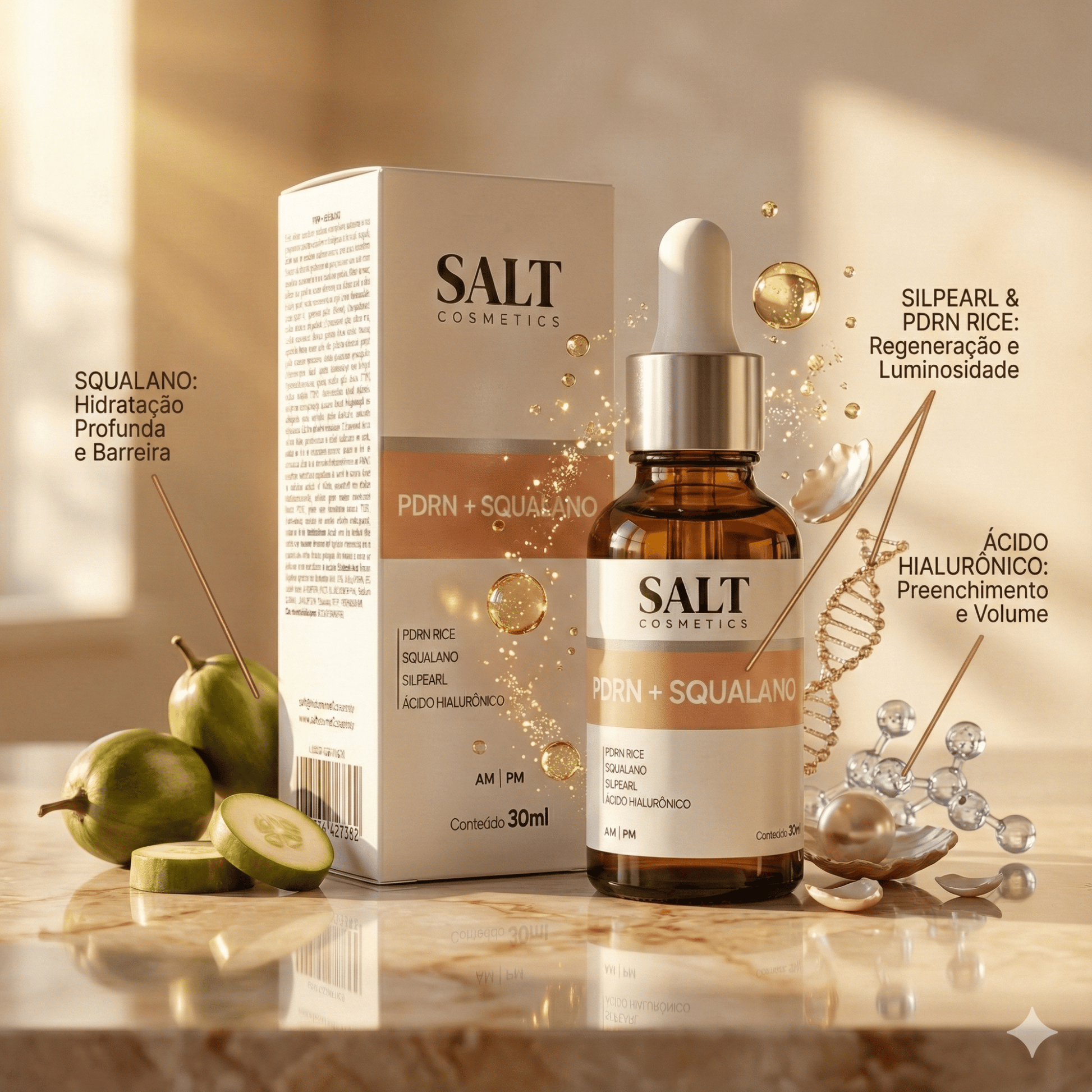Sérum Facial PDRN + Squalano com Ácido Hialurônico 30ml – Hidratante e Reparador da Pele – Salt - Salt Cosmetics