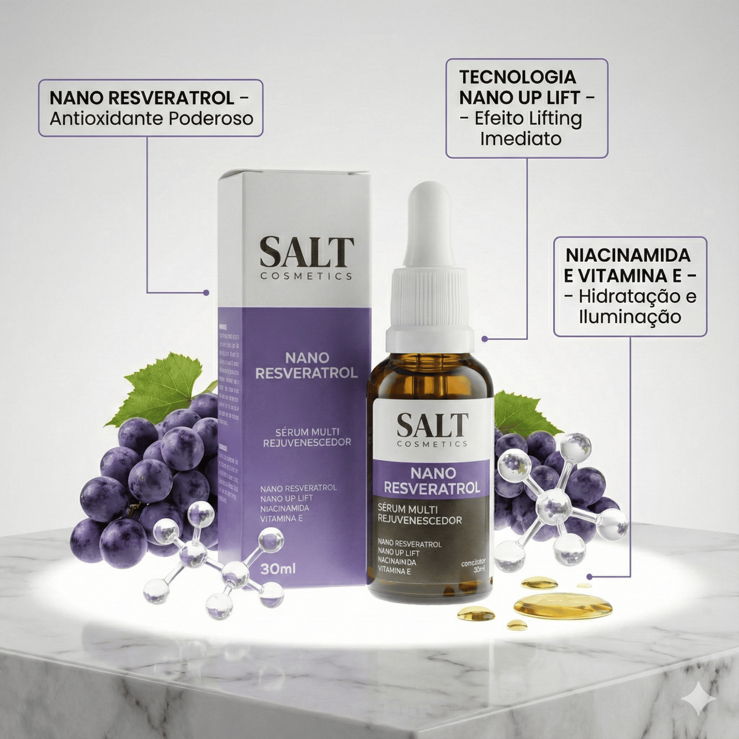 Sérum Nano Resveratrol + Niacinamida + Nano Hydrolift + Vitamina E - Salt Cosmetics